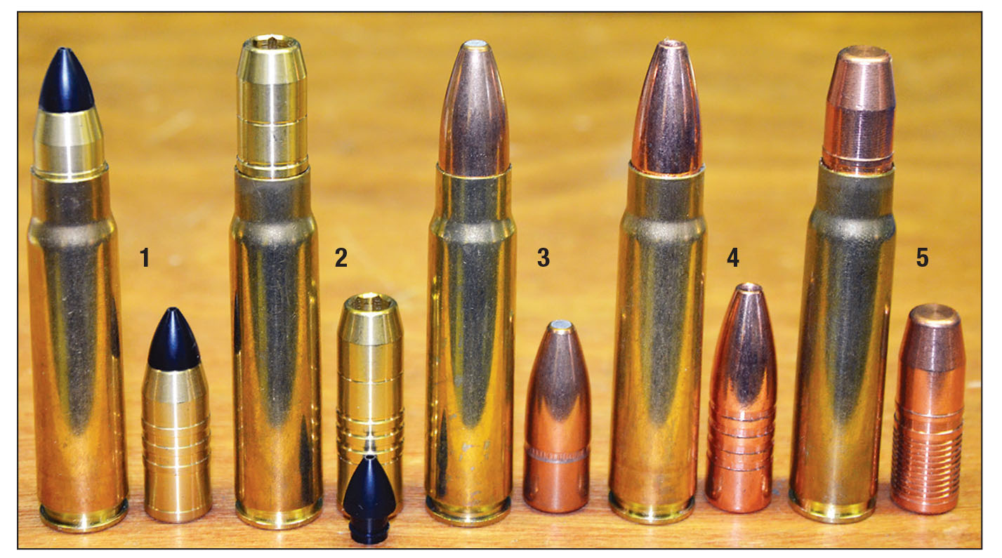 Bullets tested include a (1) 225-grain Cutting Edge Raptor, (2) 325-grain Cutting Edge Raptor (polymer tip removed), (3) 340-grain Woodleigh Weldcore, (4) 350-grain Barnes TSX and a (5) 350-grain North Fork solid.